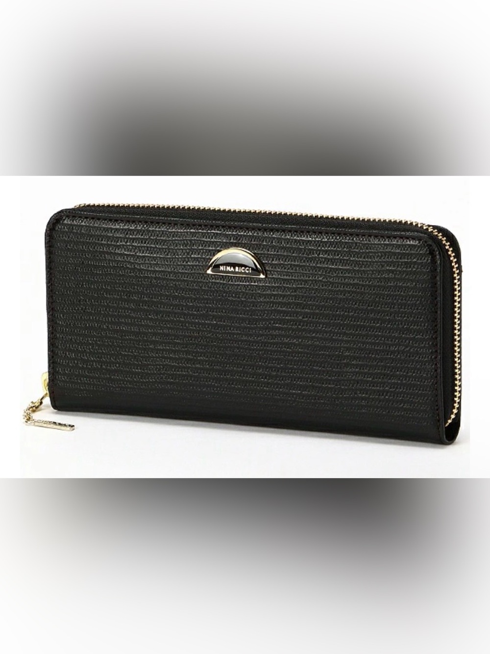 Nina Ricci Black Textured Zip-Around Leather Wallet with Gold Hardware